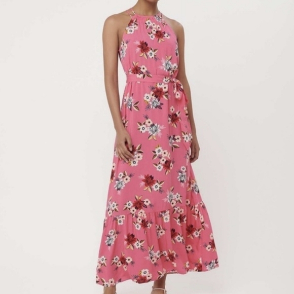 LOFT NWOT Zinnia Halter Tropical Pink Floral Maxi Dress Women's Size Medium - Picture 1 of 11